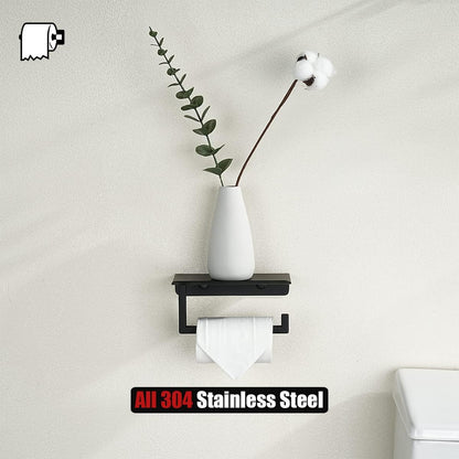 JQK Toilet Paper Holder Shelf, Bathroom Tissue Roll Holder with Phone Shelf, 5 Inch 304 Stainless Steel Tissue Paper Dispenser, Matte Black Wall Mount, TPH202-PB