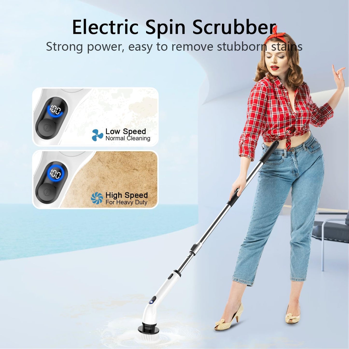 Electric Spin Scrubber,8 Replaceable Brush Heads for Home | IPX7 waterproof power scrubber with LCD display, multi heads, extendable handle, 90min runtime for bathroom kitchen glass car