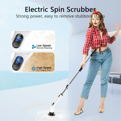 Electric Spin Scrubber,8 Replaceable Brush Heads for Home | IPX7 waterproof power scrubber with LCD display, multi heads, extendable handle, 90min runtime for bathroom kitchen glass car