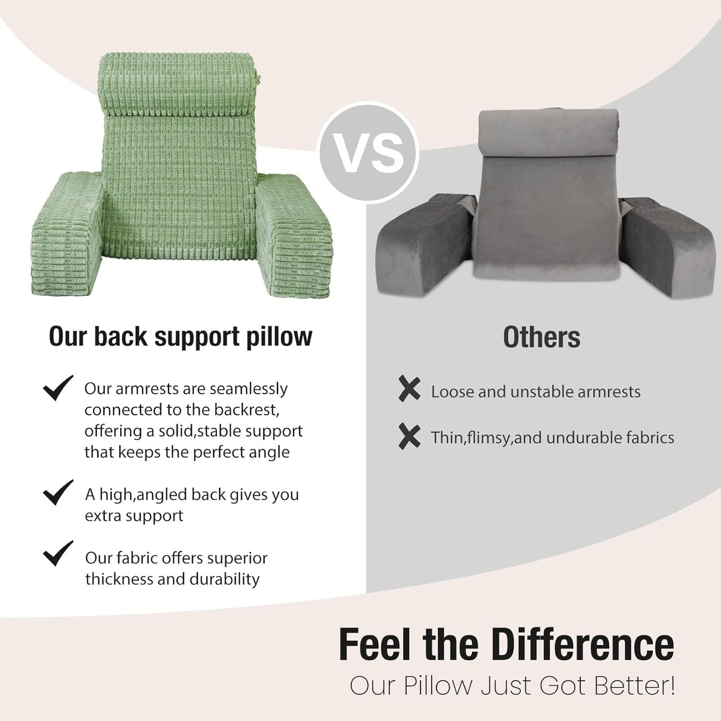 Reading Pillow for Bed Sitting Up with Large Pockets,Modern Style | 19" Supportive Backrest Cushion for Reading,Nursing,Resting,or Reclining,Stable Armrests & Washable Cover – Sage Green