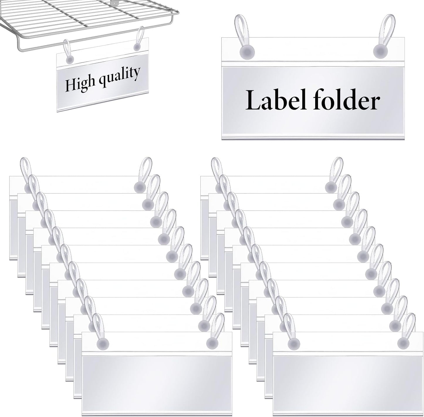 20Pcs Plastic Wire Shelf Label Holder Clip On Wire Basket Labels Storage Bin Labels Clip On for Storage Bins Shelf with Paper, 20pcs Label Insert Included 3.93x2.2 Inch