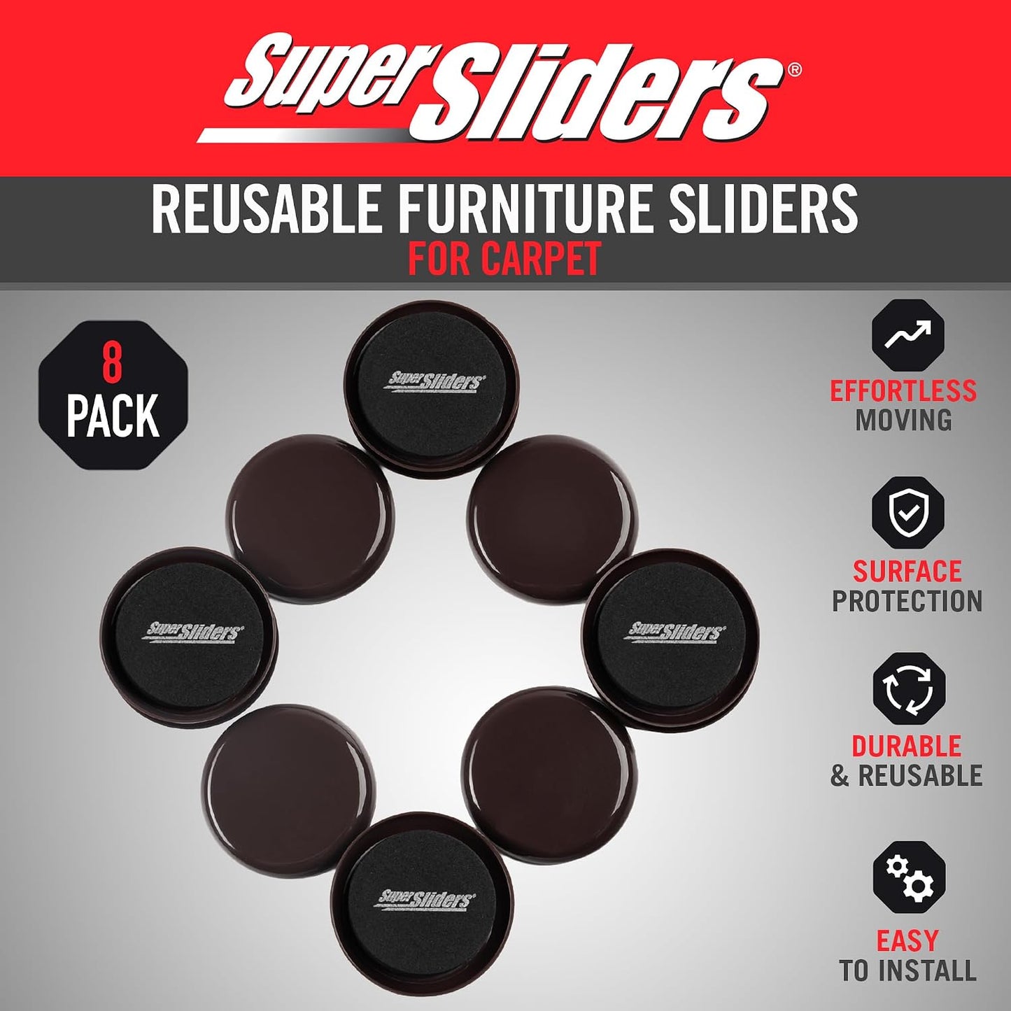 Super Sliders 2-1/2" Round Reusable Furniture Sliders for Carpet, Anti-Slip Protective Furniture Moving Pads for Beds, Sofas, Dressers, Set of 8, Brown