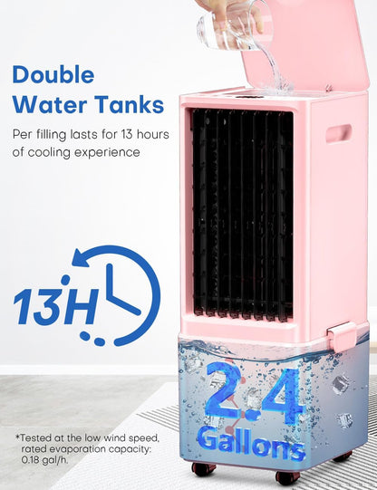 Portable Air Conditioners 4 Modes&3 Speeds,4 Ice Packs, Waterless Alert System, 12H Timer, Remote,1 Gal Detachable Water Tank, 70°Oscillation Windowless Evaporative Air Cooler for Room Office