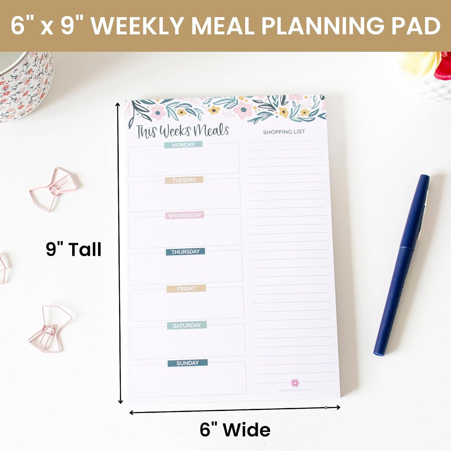 bloom daily planners Weekly Meal Planning Pad - Magnetic Hanging Refrigerator Menu Planner with Tear-Off Sheets & Perforated Grocery Shopping Lists - 6” x 9” (Pink Floral)