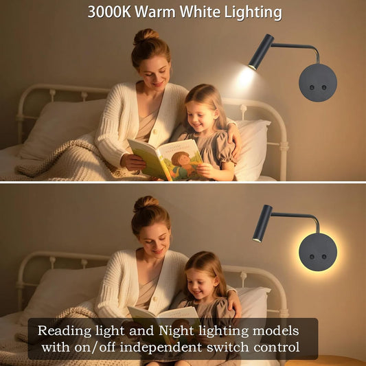 Matte Black Wall Mounted Reading Light, 3000K Flexible Headboard Reading Sconces with On Off Switch Control, Plug in/Hardwired Wall Light Fixtures with Night Light for Bedside Bedroom Bunk