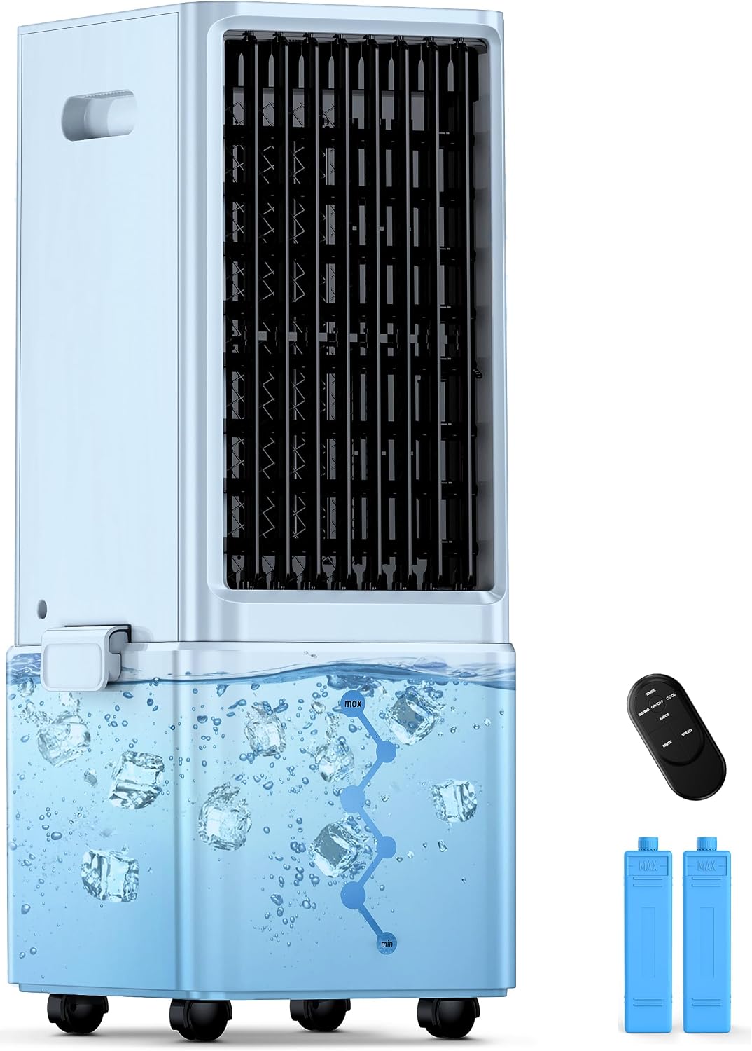 Portable Air Conditioners 4 Modes&3 Speeds,4 Ice Packs, Waterless Alert System, 12H Timer, Remote,1 Gal Detachable Water Tank, 70°Oscillation Windowless Evaporative Air Cooler for Room Office