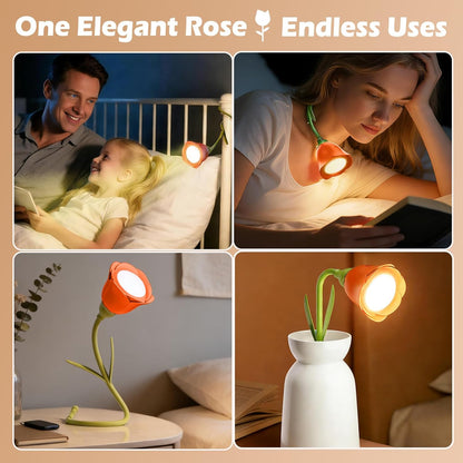 Rose Flower Lamp Rechargeable Reading Light for Bed,3-Color Modes Adjustable Brightness Small Night Light Neck Reading Light,Festival Gifts for Kids Mom Girlfriend Grandma(Orange-red)
