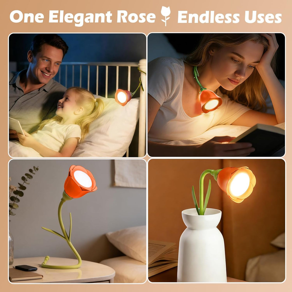 Rose Flower Lamp Rechargeable Reading Light for Bed,3-Color Modes Adjustable Brightness Small Night Light Neck Reading Light,Festival Gifts for Kids Mom Girlfriend Grandma(Orange-red)