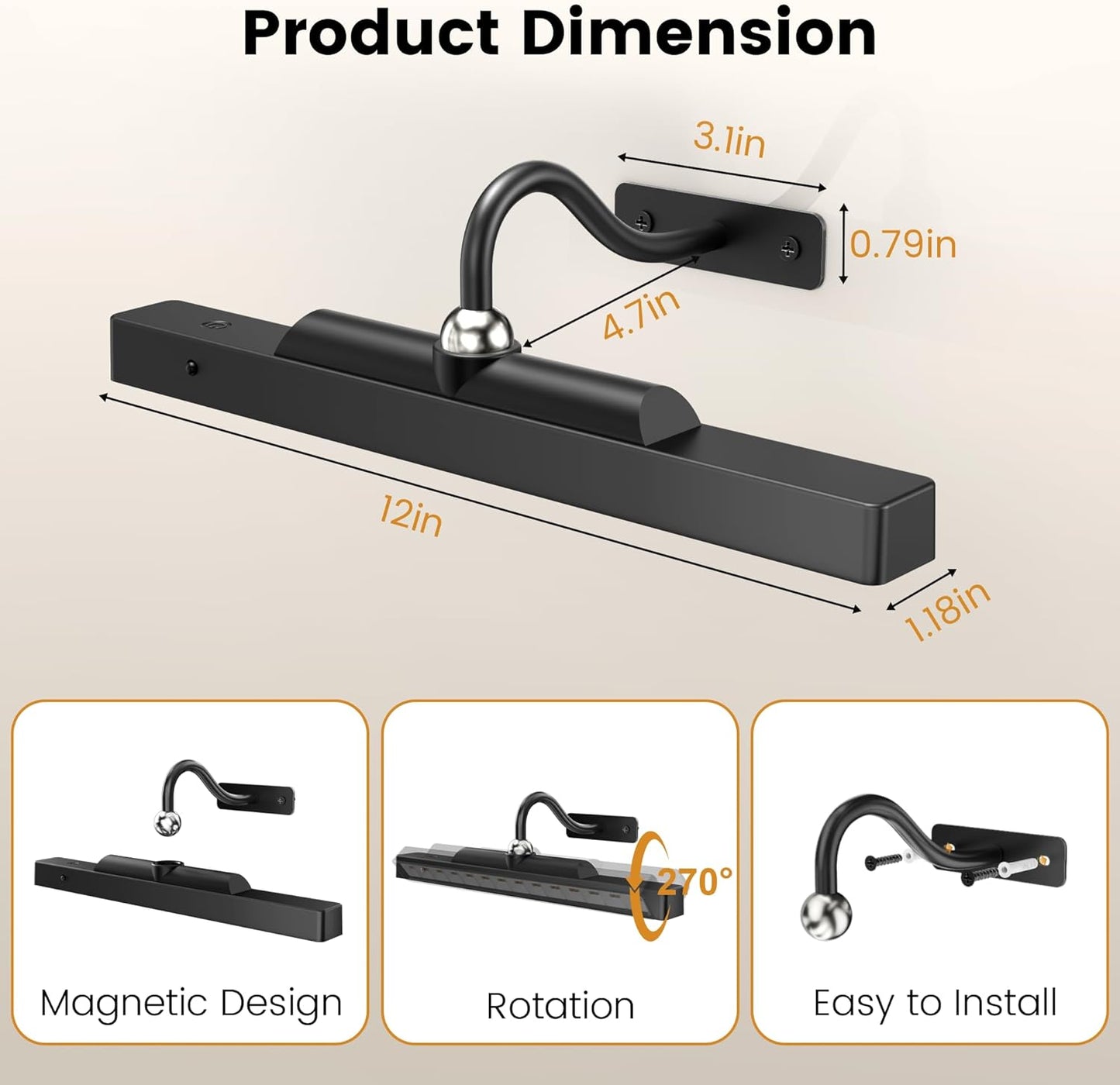 Picture Light for Wall, 12" Rechargeable Wireless Battery Operated Painting Lighting, Dimmable LED with Remote 3CCT for Wall Art Gallery Display (Black)