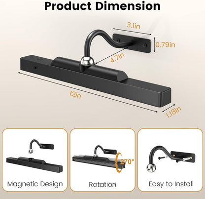 Picture Light for Wall, 12" Rechargeable Wireless Battery Operated Painting Lighting, Dimmable LED with Remote 3CCT for Wall Art Gallery Display (Black)