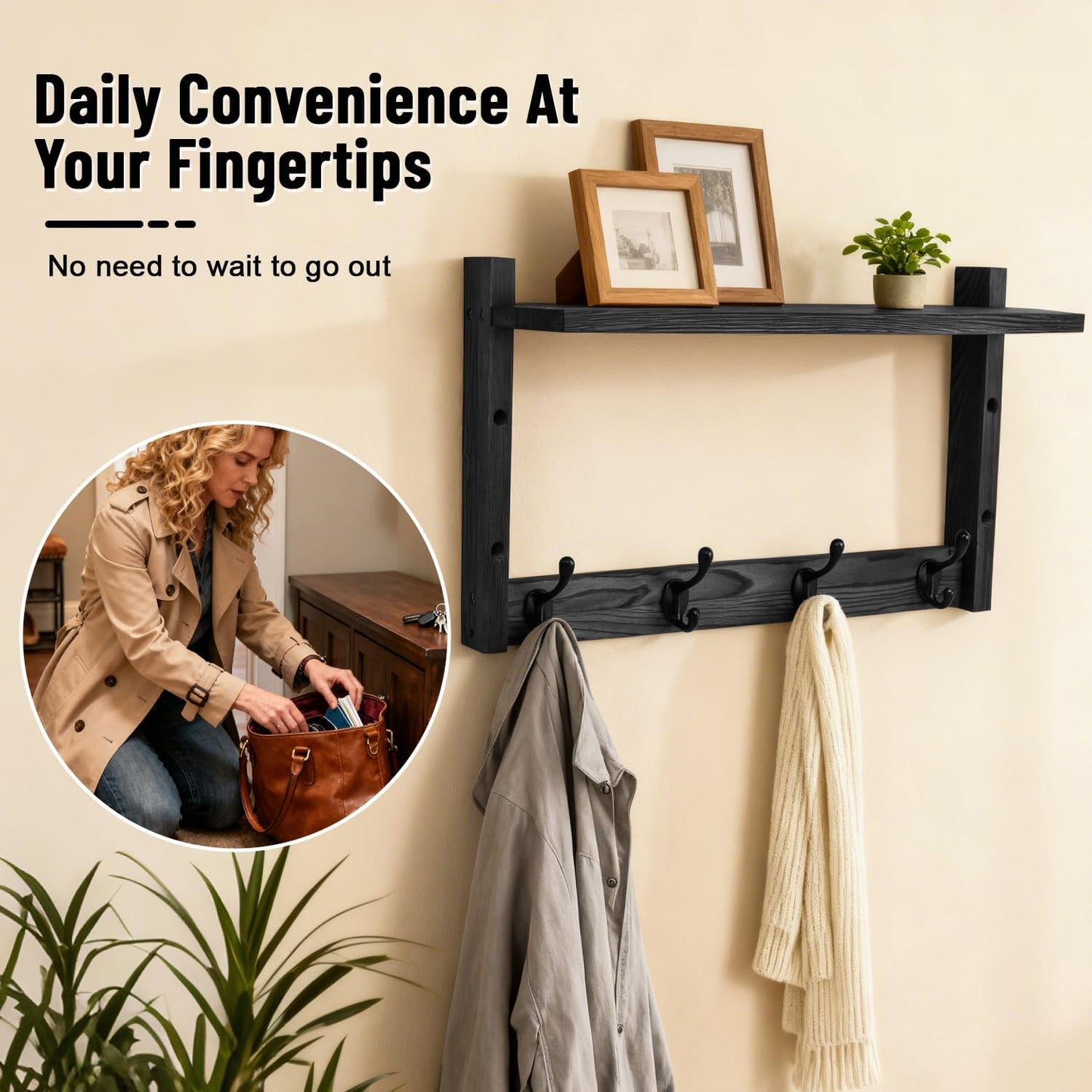 28" Coat Rack Wall Mount with Shelf with 7 Hooks 3 Key Hanger | Entryway Key Holder Wall Mount Wood Wall Coat Hooks, Wall Mounted Coat Rack Mail Holder for Living Room, Bedroom