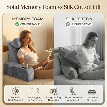 21 INCH Reading Pillow for Adults, Back Pillow for Bed Sitting Up, Backrest Pillow for Sitting in Bed, Detachable Arms with Built-in Cup & Phone Caddy (Gray, 21 INCH)