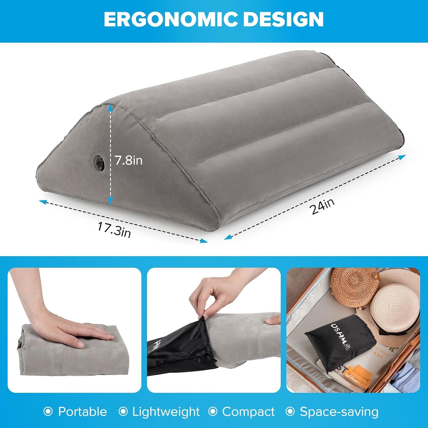 USHMA Inflatable Knee Wedge Pillow for Back Sleeping - Ultimate Under Knee Pillow for Sleeping on Back, Comfortable Inflatable Leg Wedge Pillow, Blow up Triangle Pillow for Legs Bolster