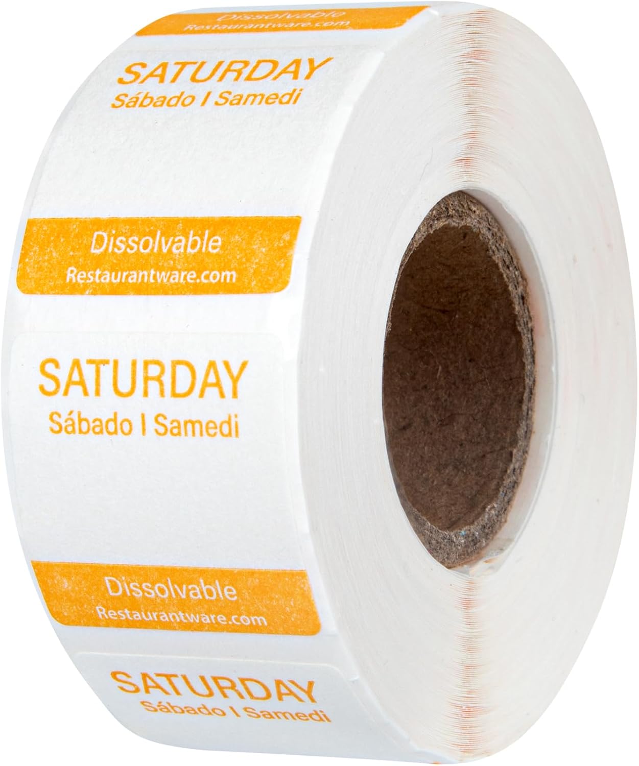 Restaurantware RW Smart 1 Inch x 1 Inch Food Rotation Labels 500 Dissolvable Food Safety Labels - Premium Trilingual Orange Paper Day Of The Week Labels For Food Storage Or Prep Saturday