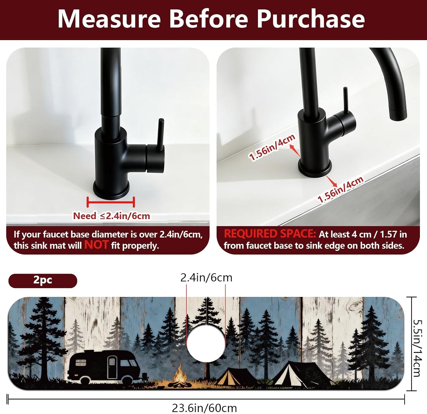 2Pcs Peonies Kitchen Sink Splash Guard Faucet Mat Vintage Florals Faucet Mat For Bathroom Kitchen 5.5x23.6In