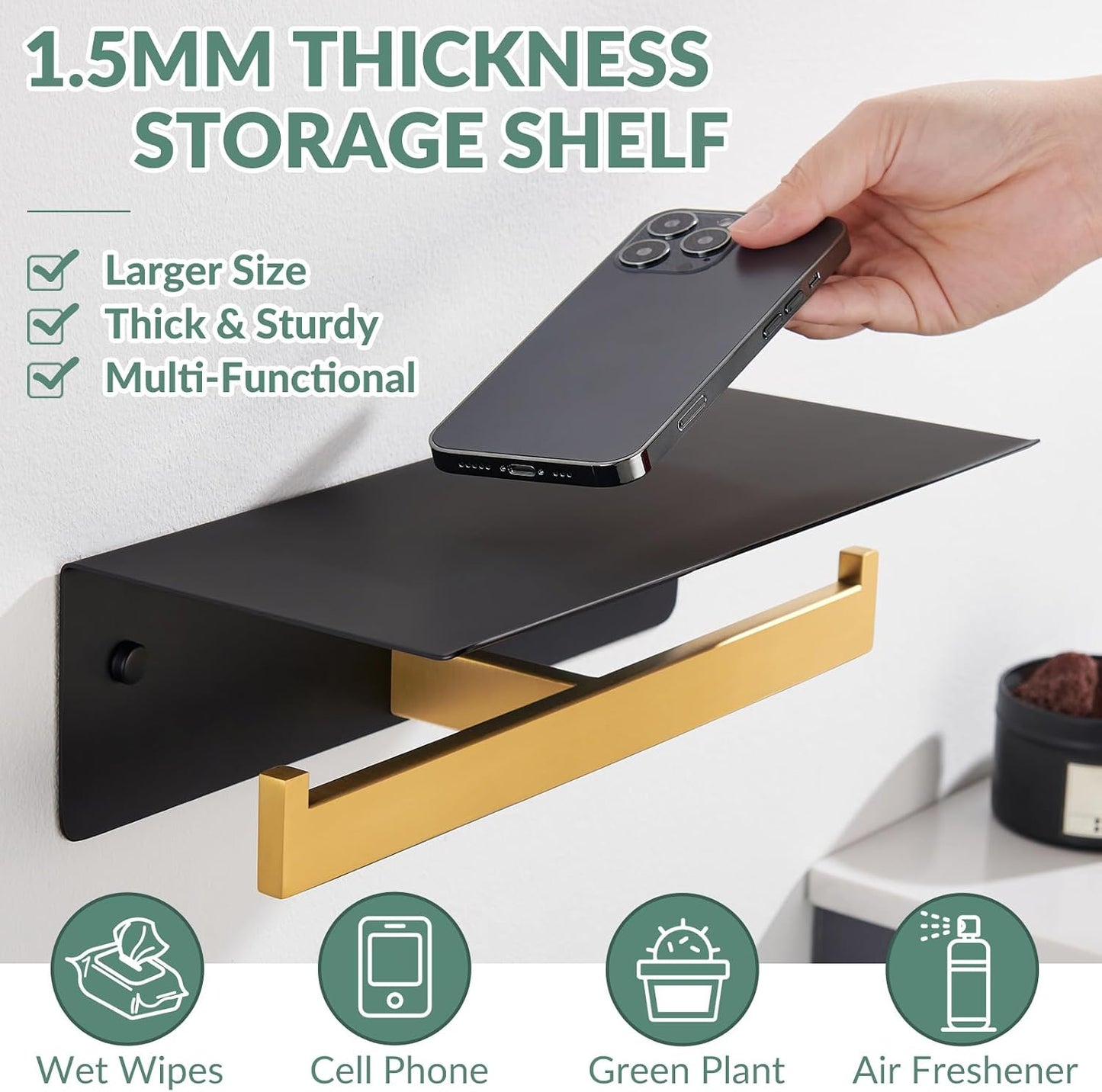 APLusee Matte Black Toilet Paper Holder with Storage Shelf, Wall Mounted | Rustproof 304 Stainless Steel, 2-in-1 Functional Toilet Paper and Phone Storage, Fits Bathroom, Restroom, Vanity, Kitchen