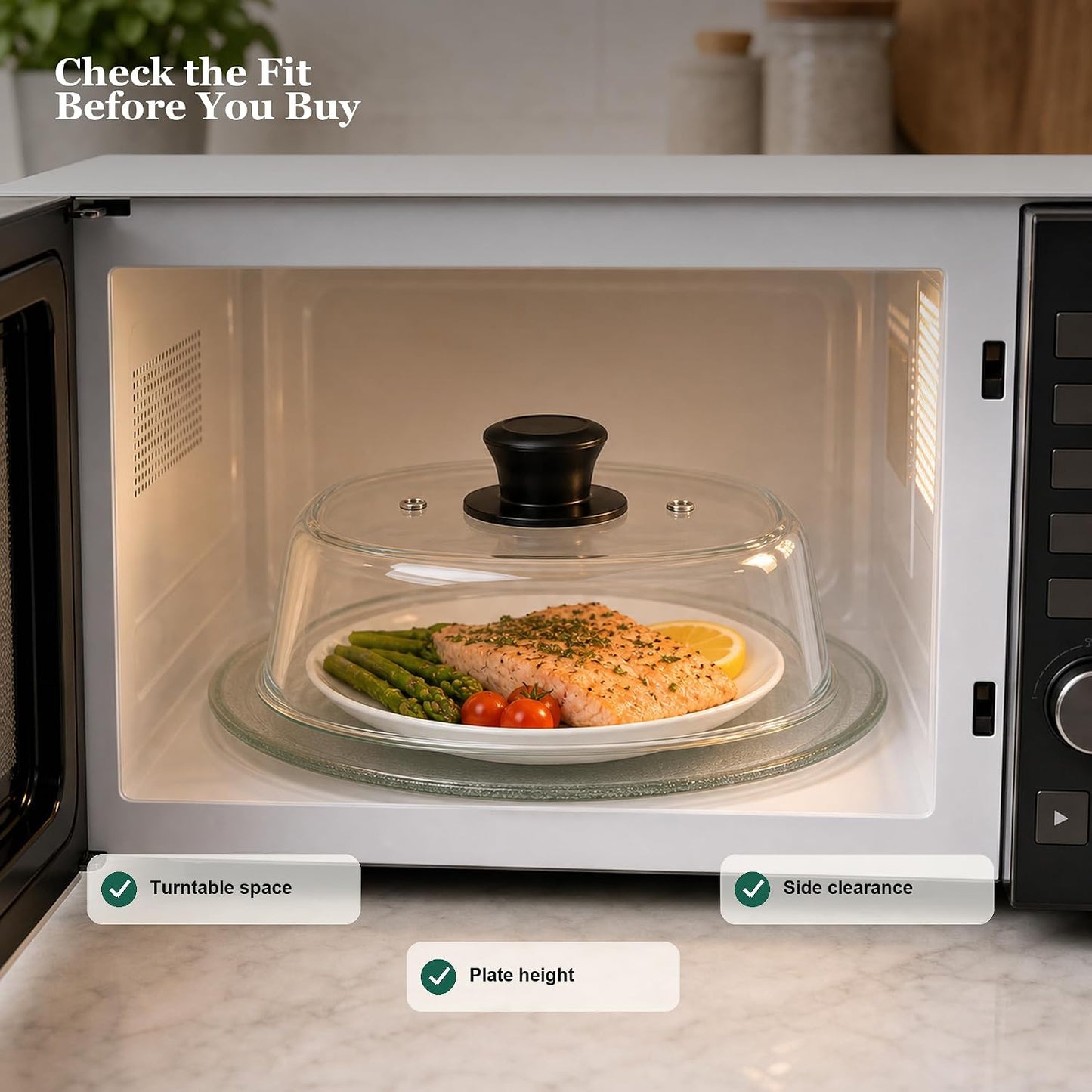 Glass Microwave Splatter Cover for Food, 10-Inch Borosilicate Glass Microwave Plate Cover with Vent Hole & Anti-Slip Silicone Mat, Tall Heat Resistant Microwave Food Cover, Dishwasher Safe