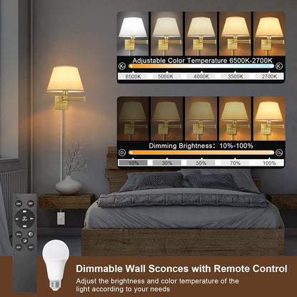 TRLIFE Wall Sconce Plug in, Dimmable Wall Sconces Set of Two Swing Arm Wall Lights with Plug in Cord and On/Off Dimmer Rotary Switch, 9.4" Medium Beige Fabric Shade(2 Pack, 2 Bulbs)