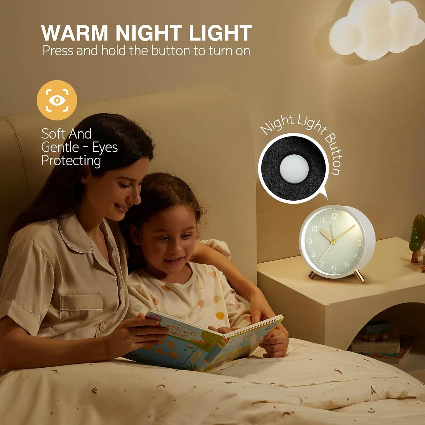 Back to School Silent Analog Quartz Alarm Clock for Kids Bedroom,Night Light, Battery Operated, Fashionable Round Metal