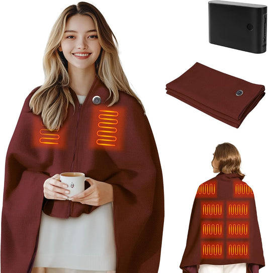 Heated Blanket Battery Operated Cordless Portable Heated Shawl,61" x 31" Electric Throw Blanket with 3 Fast Heating Levels,with Rechargeable Power Bank, Winter Gift for Women