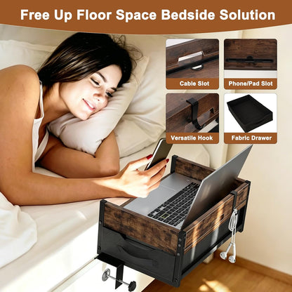 2 Tier Bedside Shelf, Clip on Bedside Caddy Organizer for Dorm Bunk Beds | Floating Nightstand Bed Side Table Storage with Fabric Drawer, Bunk Bed Accessories Bedside Tray for College, Back to School