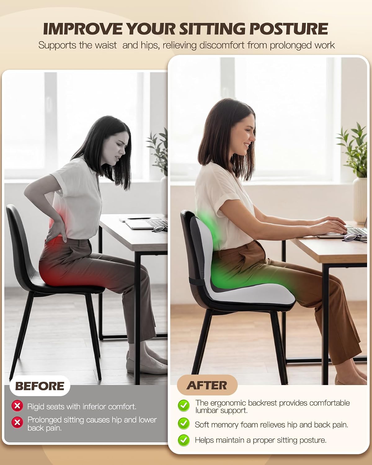 Office Chair Cushion for Tailbone & Low Back Pain Relief, Seat Cushions for Office Chairs with Comfortable Foam and High Backrest, Suitable for Office Chairs, Cars, Trucks, and Home Chairs