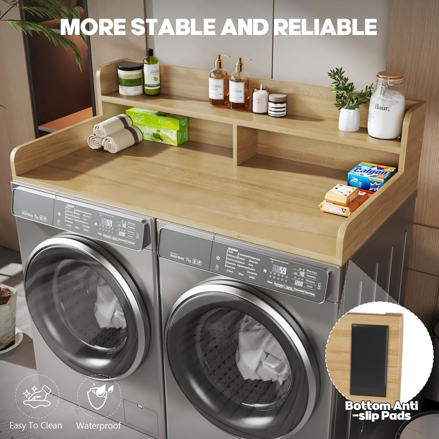 2-Tier Washer and Dryer Countertop with 2.75" H Guard,54" W x 27.5" D Laundry Countertop Cover with Non-Slip Pad,Large Space Laundry Topper for Folding Clothes Over Washer and Dryer-White