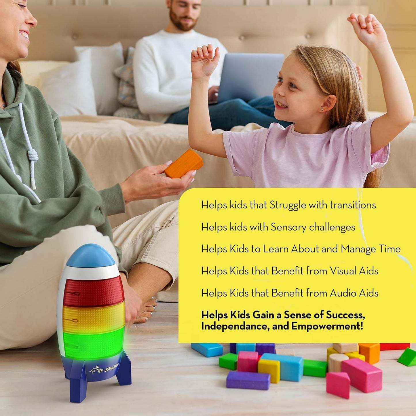 Ted Kangaroo Countdown Timer! Blast Off Visual Timer for Kids with Audio Rocket, 0-24 Hour Countdown, Memory Function, Red Yellow Green Light, Easy Setup, Battery Operated for Classroom and Home Use