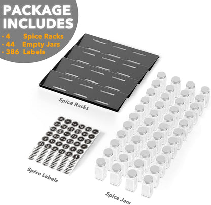 SpaceAid Spice Drawer Organizer with 28 Spice Jars, 386 Spice Labels, 4 Tier Seasoning Rack Tray Insert for Kitchen Drawers, 13" Wide x 17.5" Deep