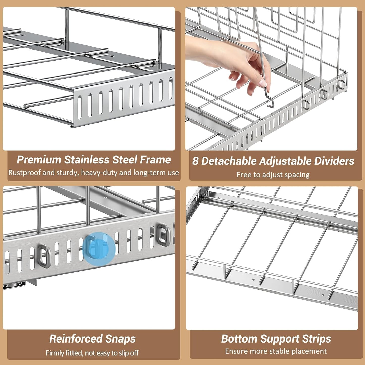 Housolution Pull Out Baking Tray and Cookie Sheet Cutting Board Organizer | 13"-22" Expandable, 21.5" Deep, 8 Adjustable Dividers, Sliding Rail Design, Sturdy Metal Structure, Adhesive/Screw Fixing