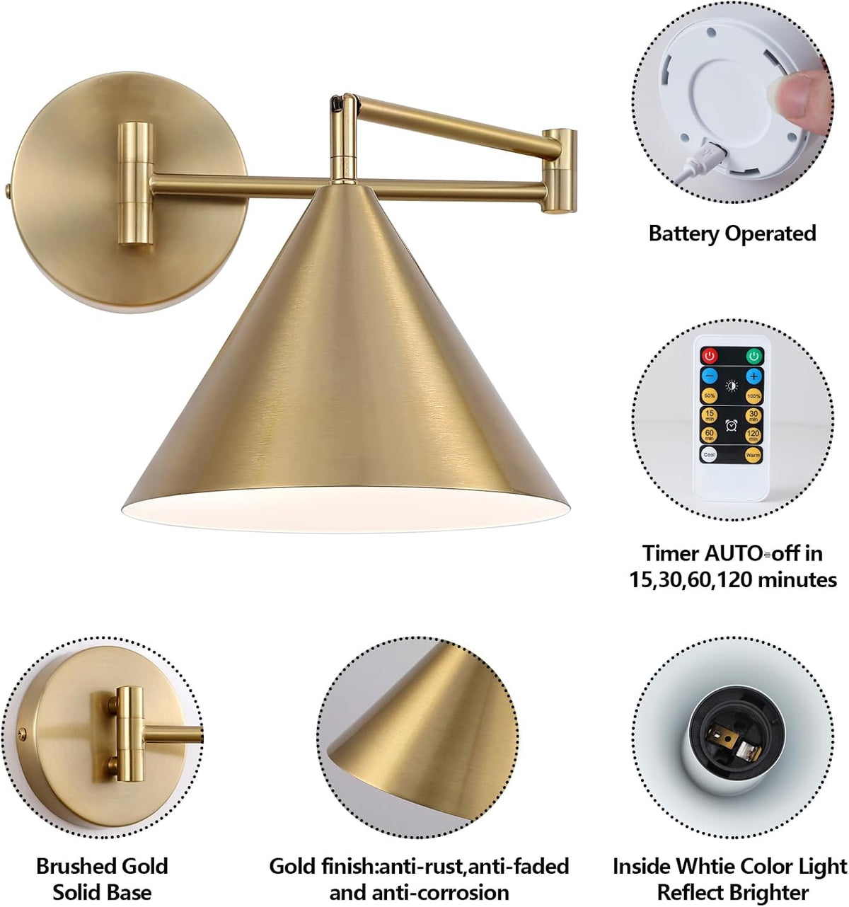 Rechargeable Swing Arm Wall Sconces Set of 2,Gold Battery Operated Wireless Dimmable 3 Color Wall Light with Remote,Cone Indoor Light Fixture for Bedside,Kitchen,Hallway,Living Room,Reading