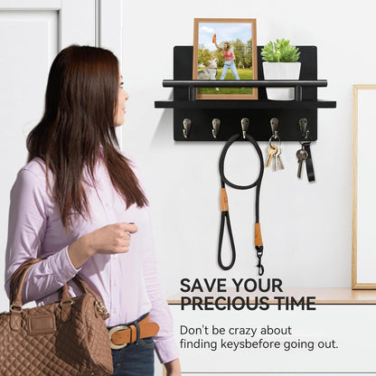 Key Holder Wall Mount, 10 inch Decorative Key and Mail Holder for Wall, with Mail Organizer & 4 Key Hooks, Rustic Wooden Key Rack for Hanging Dog Leash Sunglasses, Entryway Key Hanger, Black