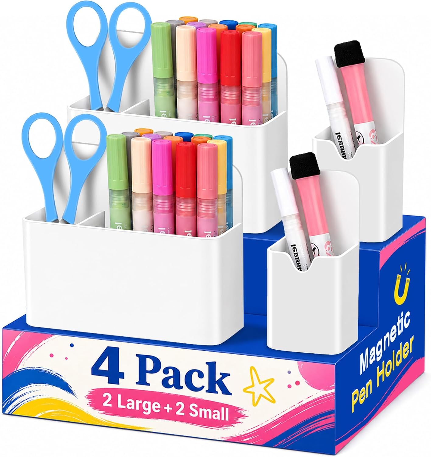 Magnetic Pen Holder, Magnetic Marker Holder, 4 Pack, White | Magnetic Cups for Dry Erase Markers, Pen Organizer for Whiteboard, Refrigerator, Locker, Cruise, Classroom, Office, School
