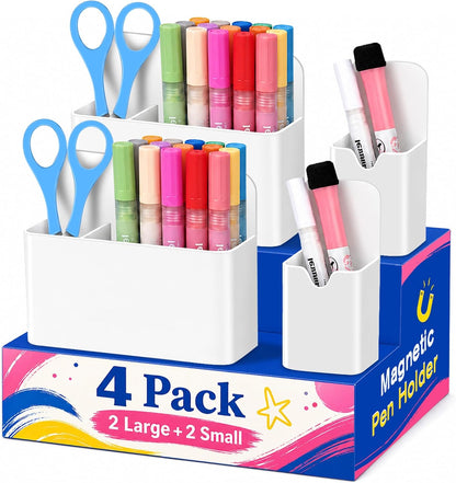 Magnetic Pen Holder, Magnetic Marker Holder, 4 Pack, White | Magnetic Cups for Dry Erase Markers, Pen Organizer for Whiteboard, Refrigerator, Locker, Cruise, Classroom, Office, School