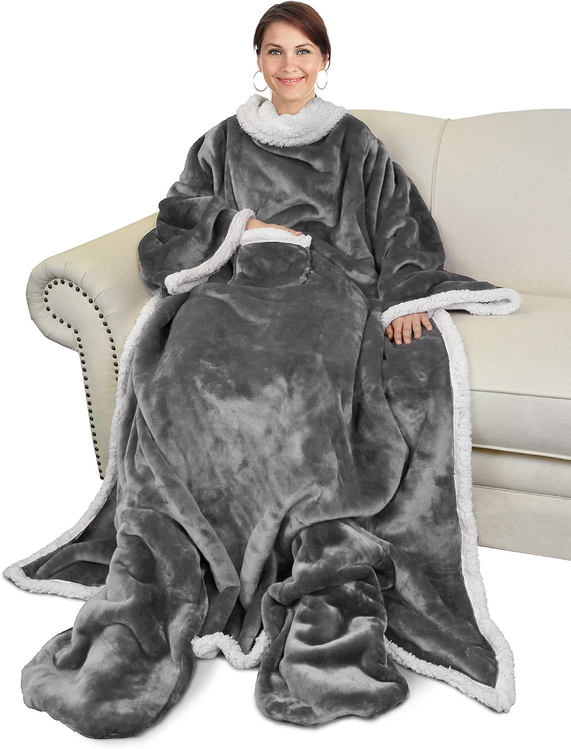 Catalonia Wearable Blanket with Sleeves & Foot Pocket for Adults | Soft Fleece Throw Wrap with Hands-Free Comfort, Perfect for Reading, TV Time & Relaxing, Christmas Gift for Women & Men