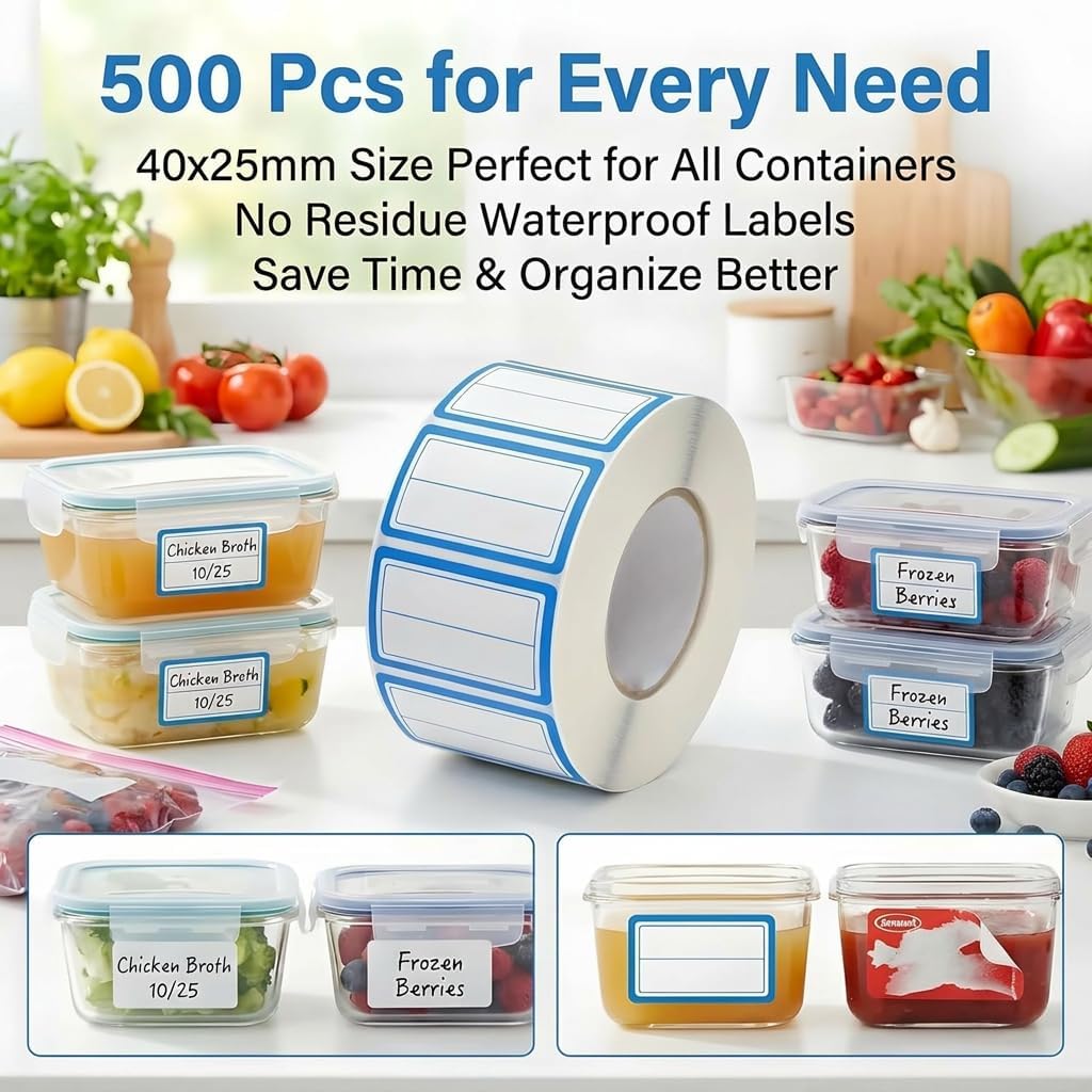 500Pcs Blue Freezer Labels, Waterproof Write-On Stickers | 500Pcs labels; removable writable adhesive for jars, containers, meal prep, pantry storage, and freezer use.