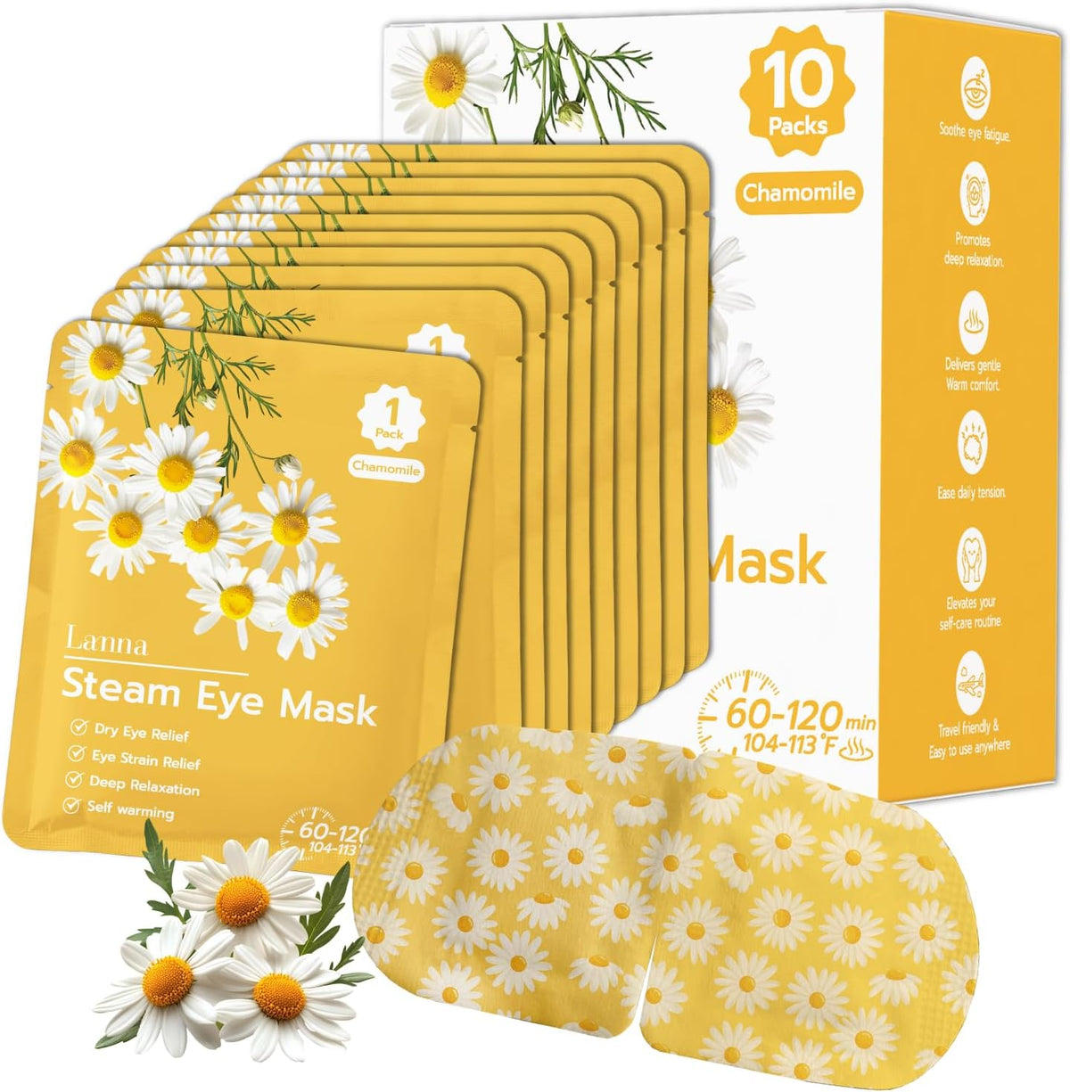 LANNA Heated Steam Eye Mask, Disposable 120 Minutes, Lavender Scent, 5 Pcs