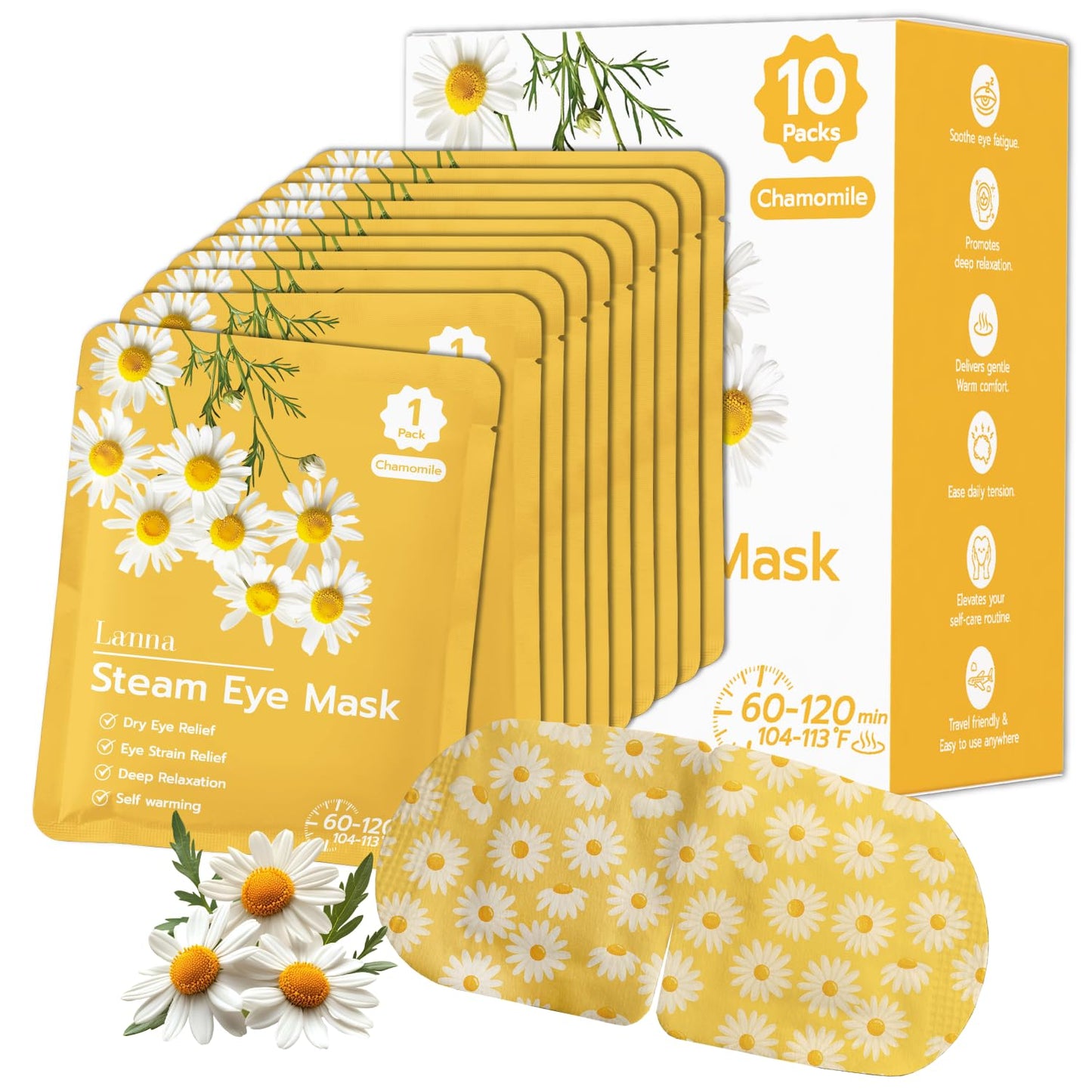 LANNA Heated Steam Eye Mask, Disposable 120 Minutes Chamomile Scent 10 Pcs | Great for Sleep & Spa Relaxation, Self Heating Warm Compress for Dry & Puffy Eyes Long Lasting Heated Eye Mask for Stye Eyes