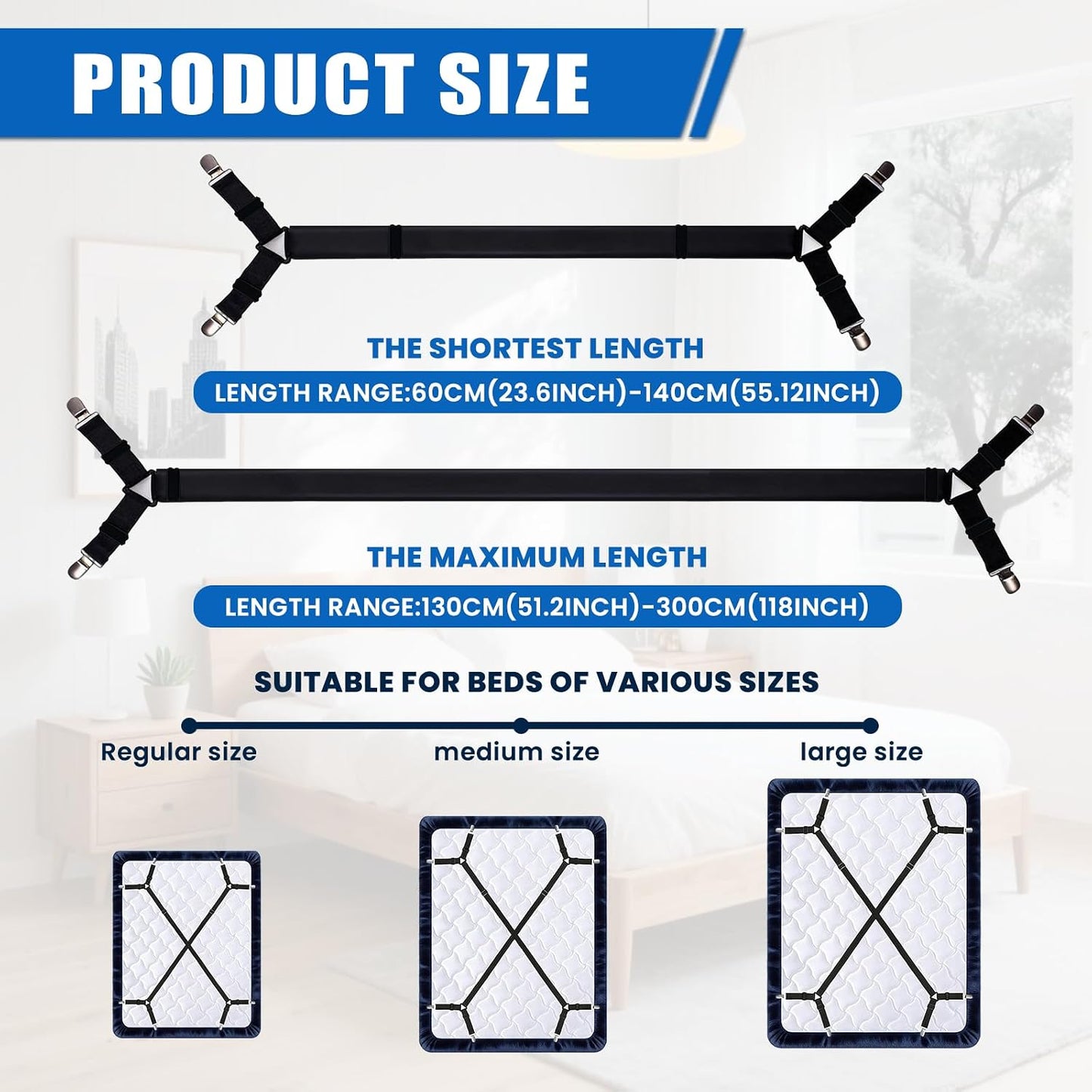4pcs Bed Sheet Straps with Metal Clips, Sheet Holders Adjustable Elastic,Grippers Upgrade for Crib to King Size Bed Keep Sheets in Place.