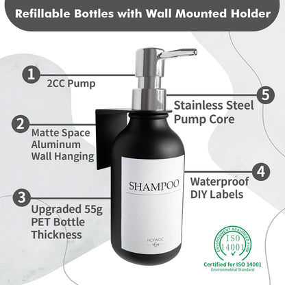 3 Pack Wall Mount Shower Dispenser, No Drill, 16 Waterproof Labels | Shampoo Dispenser for Shower Wall, Shampoo and Conditioner Dispenser, Bathroom, 17oz, Gold Amber