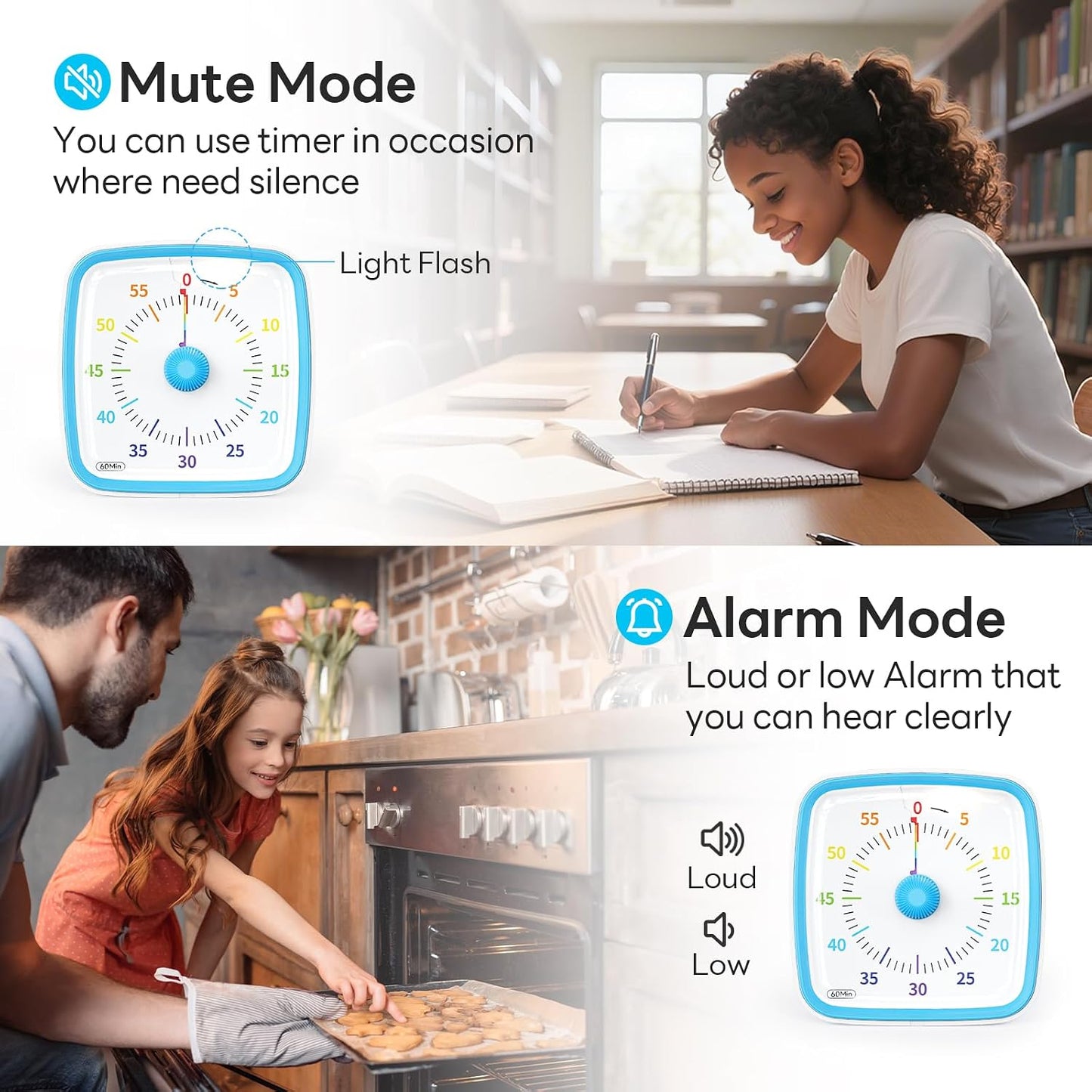 Yunbaoit Visual Timer with Night Light, 60 Minute Countdown, Light Blue | 3 Alarm Modes, Mute Flash, for Kids and Adults, Time Management Tool for Classroom, Home, School, and Work
