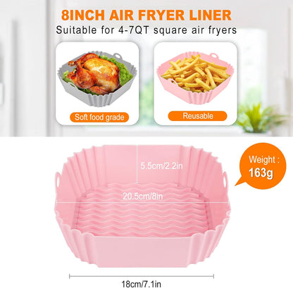 Boribim 2 PCS Square Silicone Air Fryer Liners - 8 Inch Reusable Air Fryer Pot - Air Fryer Accessories - Air Fryer Inserts for 4 to 7 QT Oven Microwave Accessories (Red + Blue)