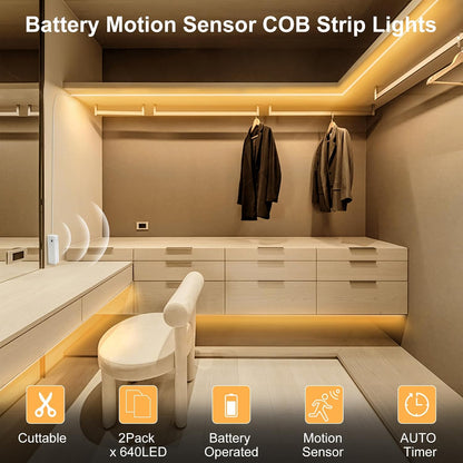 2 Pack Battery COB Motion Sensor Strip Lights with Day & Night Modes | 6.6Ft 640 LED Under Cabinet Flexible Tape Lights for Bedroom Kitchen Stair Shelf, 6000K Cool White