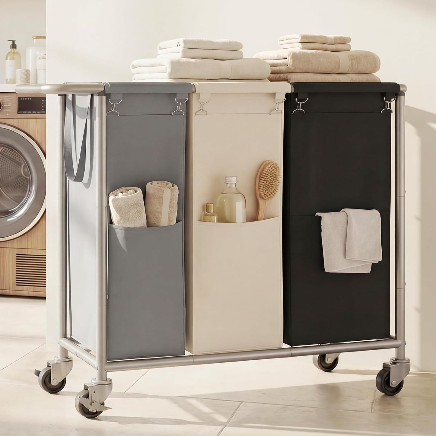 Heybly 3-Section Laundry Sorter Hamper,Rolling Laundry Hamper with Removable Bags – Heavy-Duty Laundry Sorter Cart with Wheels for Dirty Clothes, 40.2 x 15.4 x 33.1 Inches HLH024P03