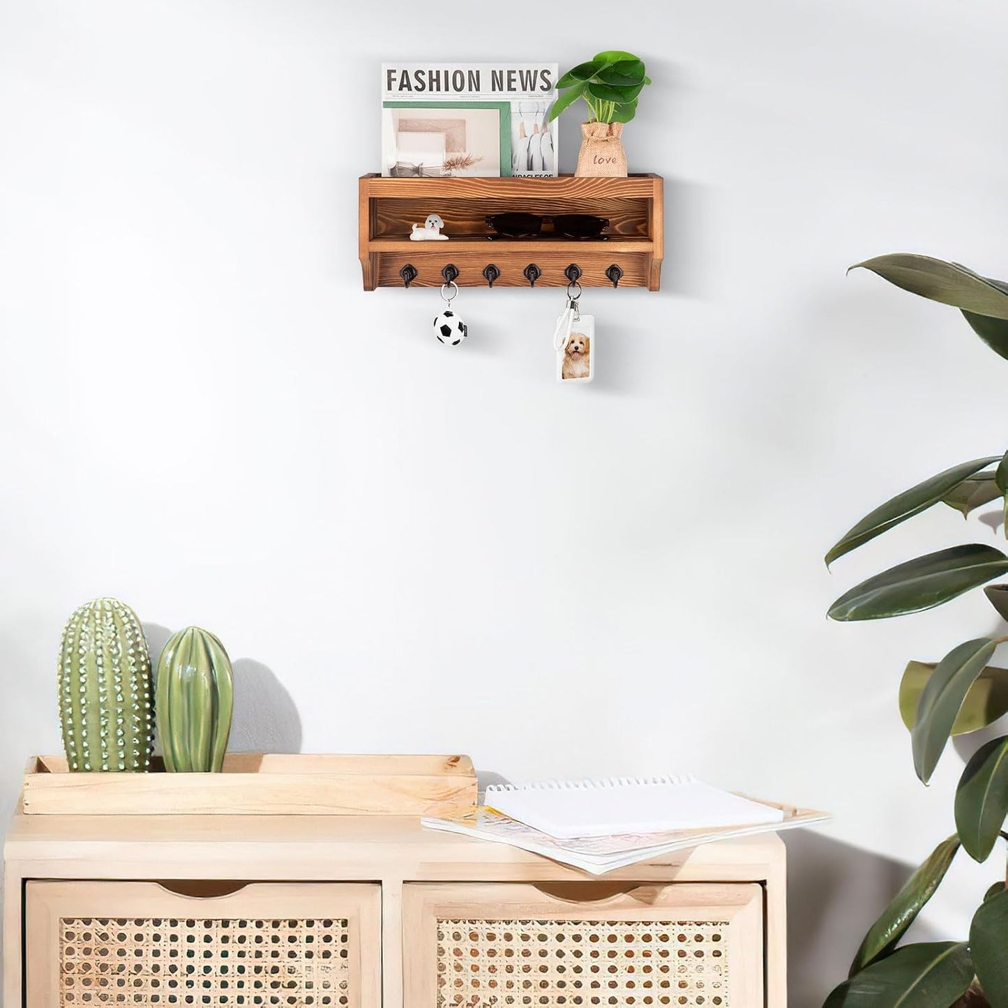 Nekon Key Holder Wall Mount, Pine Wooden Mail Organizer, White | 12.8"W x 5.6"H x 3.7"D Wall Mounted Key and Mail Organizer with 6 Key Hooks, Key Rack for Home Entryway Decor