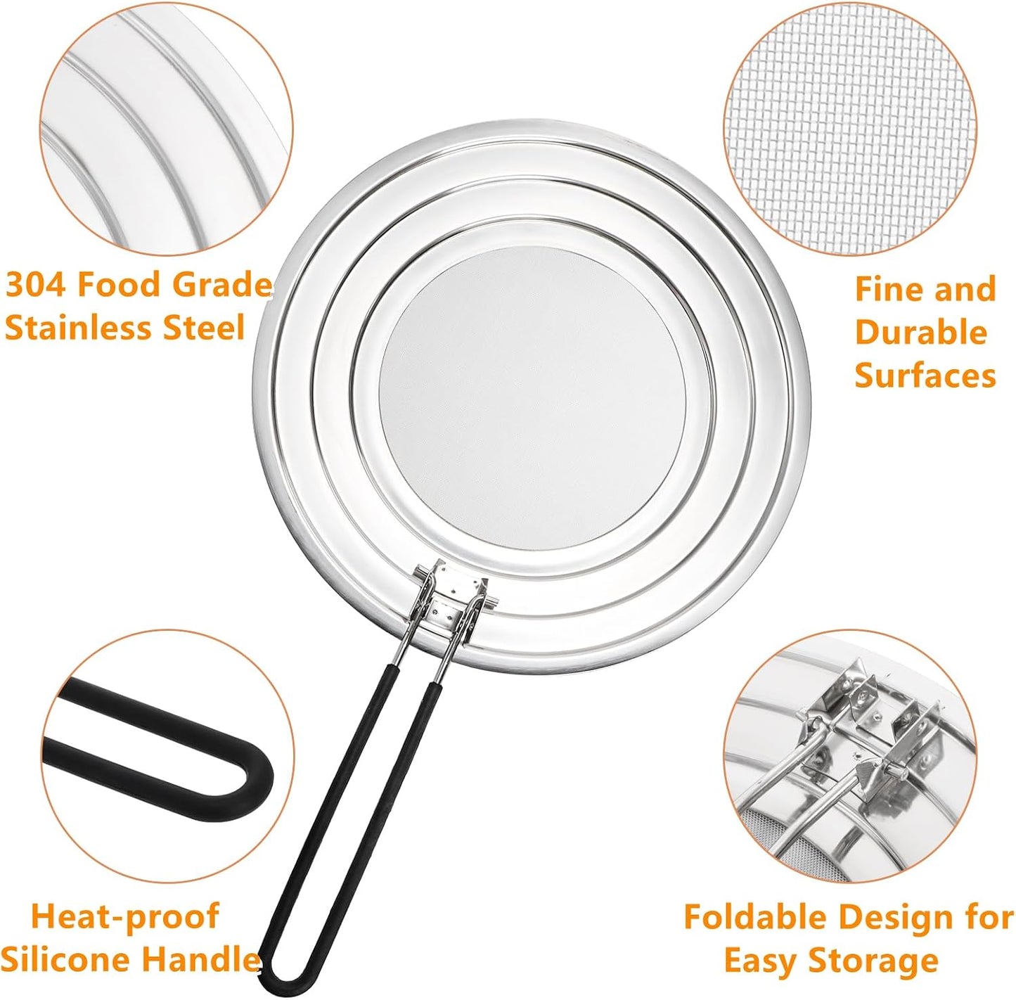 Frcctre 2 Pack Stainless Steel Splatter Screen for Frying Pan, 12 Inch Grease Splatter Guard with Foldable Silicone Handle, Food Strainer Cooling Mat Cover Oil Splash from Bacon, Oil, or Deep Fryer