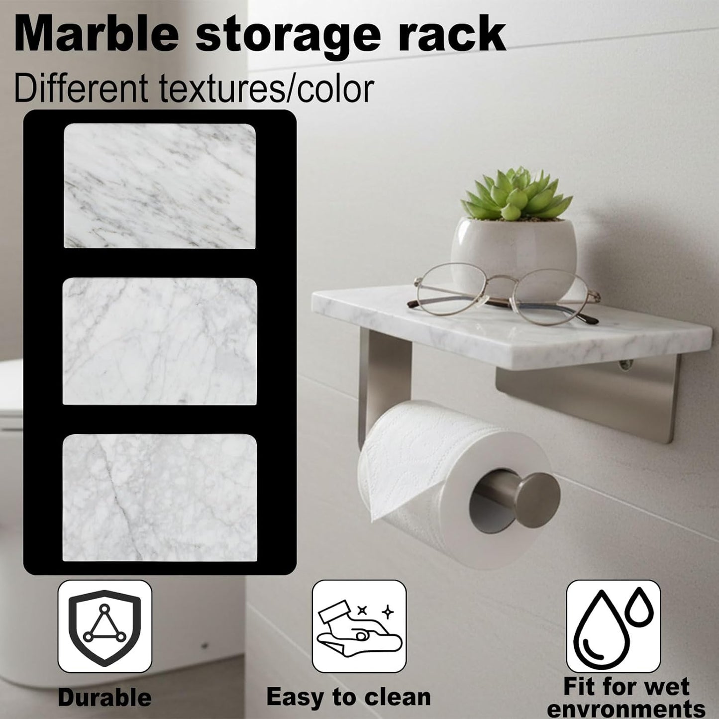 Toilet Paper Holder with Natural Marble Shelf for Bathroom Washroom,Wall Mounted Tissue Holder Suitable for Mega Roll (Brushed Nickel,Small 6.7 * 4.3 in)