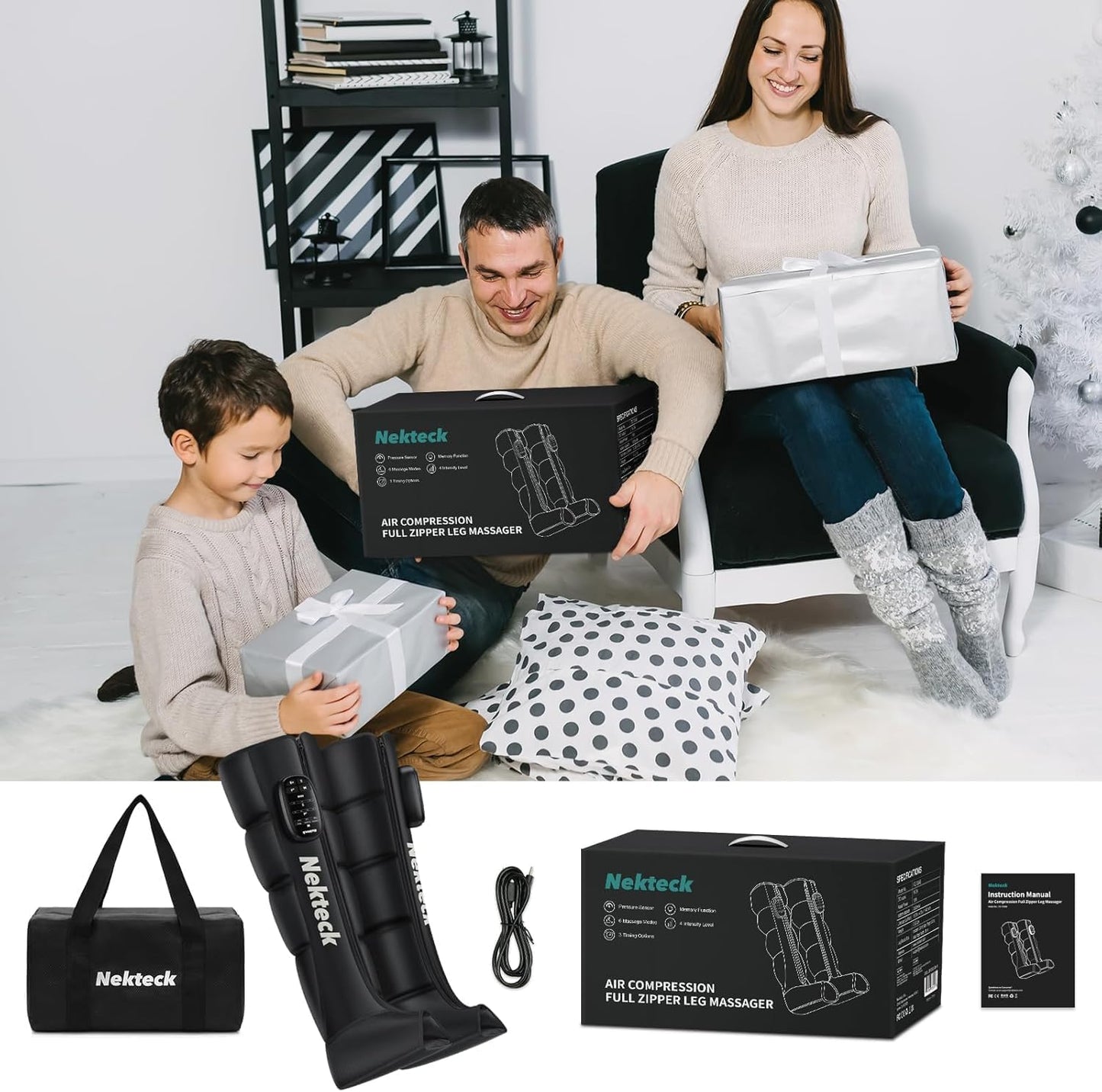 Nekteck Cordless Leg Compression Massager, (1-Pack) Middle | Rechargeable Massage Tools, 6 Modes, 4 Intensities, 3 Timers, Portable Full Leg Boots, FSA Eligible Gifts for Mom, Dad, Gym