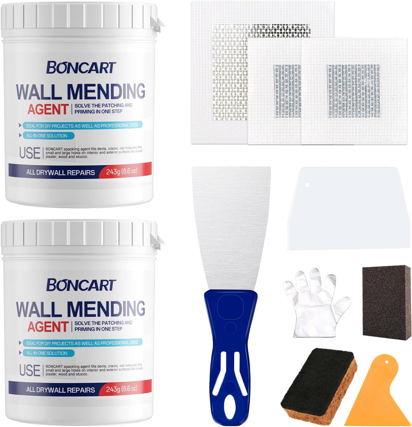 BONCART 8.6Oz Drywall Patch Repair Kit – Professional All-in-1 Tool Set | Includes Scrapers, Putty Knife, Texture Sponge, Sandpaper, And Gloves. Fast Wall Hole Repair