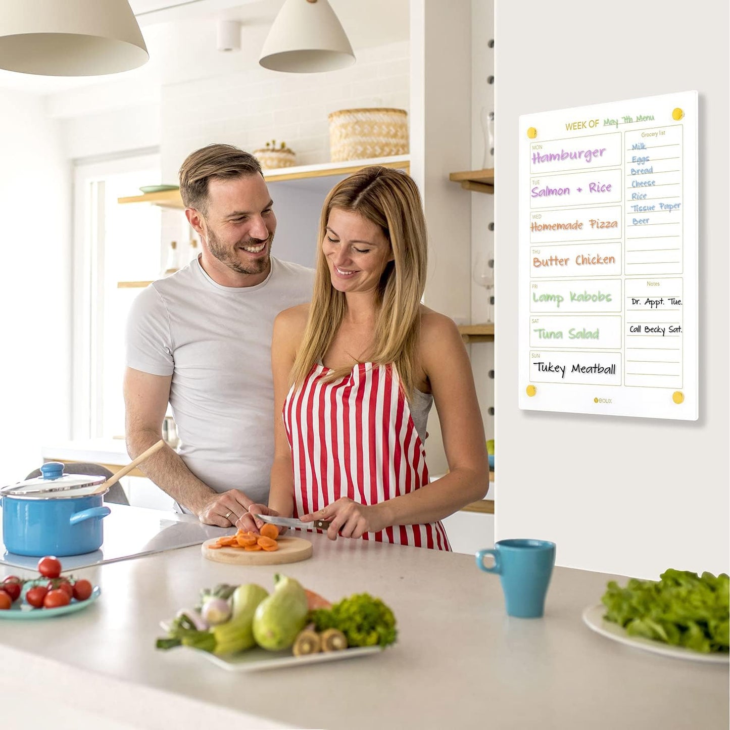 Yeoux Clear Glass Golden Weekly & Menu Dry Erase Calendar Board 15“x11 | Wall Mount, Non-Magnetic, Meal Planning & Grocery Shopping List Whiteboard for Kitchen & Home, 4 Markers
